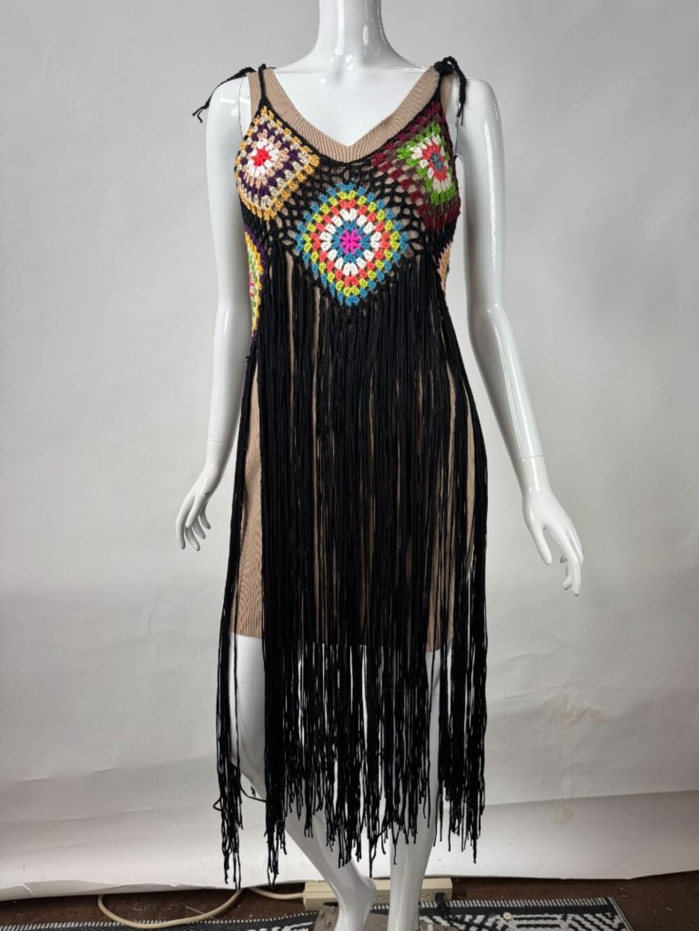 Crochet Fringe Bohemian Vest With Colorful Granny Squares & Black Fringe